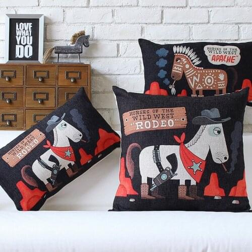 American style Cowboy horses Cartoon Abstract Pillow Cover Home Decorative Pillows Linen Pillow Case Office Sofa Cushion Cover