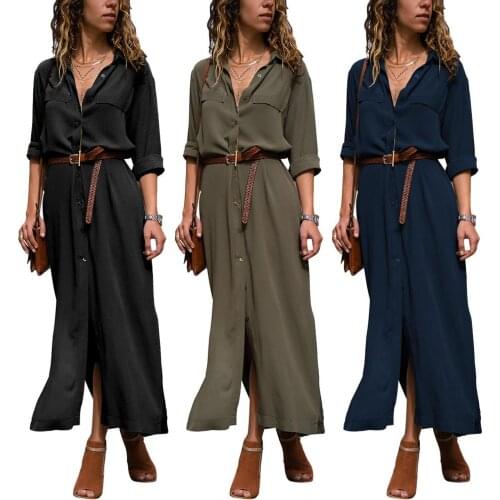 Casual Women Dress Solid Color Single Breasted Slit Loose Dresses Shirt Maxi Belt Party Dress vestido de festa платье женское