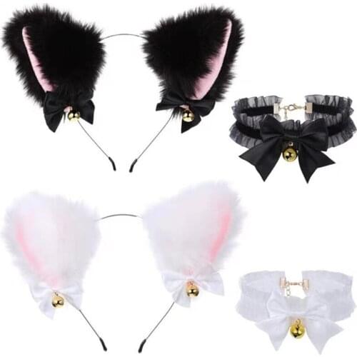 Faux Fur Kitten Ears Headband with Choker Collar Necklace Set Sweet Bowknot Bells Lolita Hair Hoop Anime Maid Cosplay