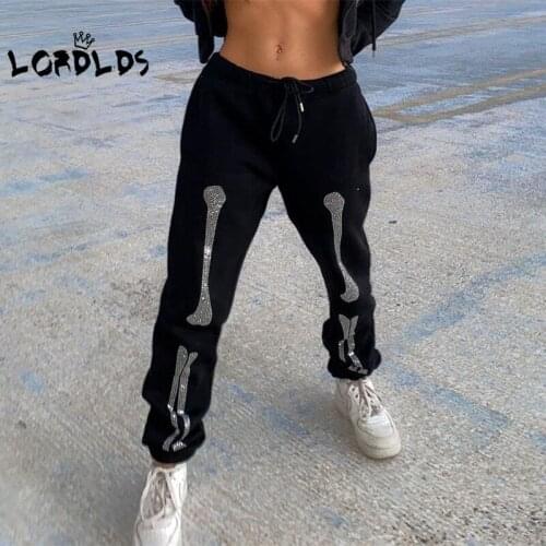 LORDLDS Women Black Joggers Sweatpants Drawstring Skull Diamond High Waist Hip Hop Trousers Baggy Streetwear Pants Woman