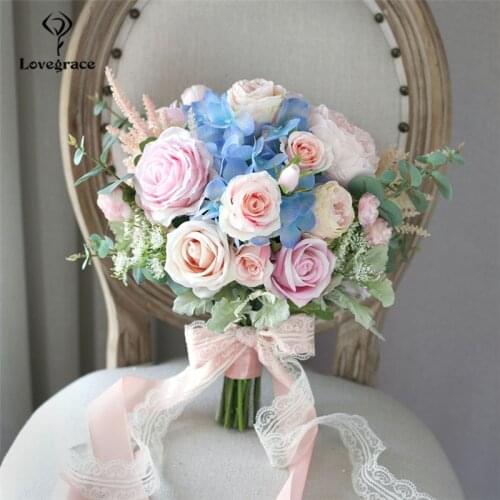 Lovegrace Bride Wedding Bouquet Artificial Silk Rose Flower Bridesmaid Holding Bouquets Pink Blue Wedding Supplies Table Decor