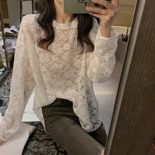 Spring New Loose Lace Bottoming Shirt for Women Western Style Inner Wear Mesh Shirt Sexy Cutout Sun Protection Top