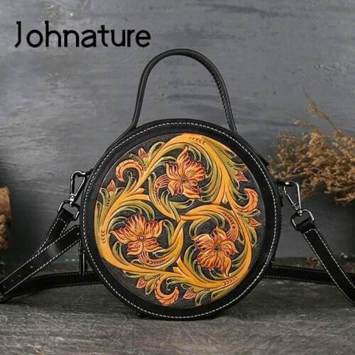 Johnature Retro Circular Luxury Handbags Women Bags Designer 2020 New Handmade Embossed Floral Cowhide Shoulder & Crossbody Bags