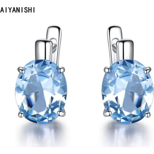 AIYANISHI Fashion 925 Sterling Silver Earrings BlueTopaz 10*8mm Oval Solitaire Stud Earrings For Women Valentines Day Gifts