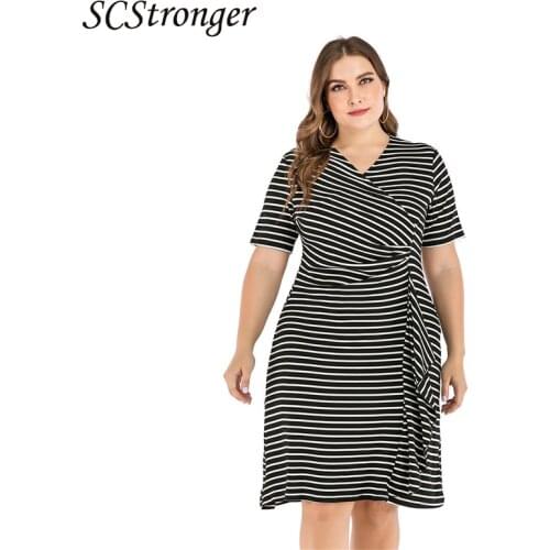 SCSTRONGER Summer Striped Short Sleeved V Neck Slimming Slimming Plus Size Womens Corset Mid Length Dress Nightgown Long 2021
