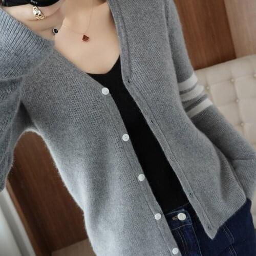 Autumn Winter Women Knitted Cashmere Wool Cardigan Sweater Long Sleeve V-Neck Loose Soft Keep Warm