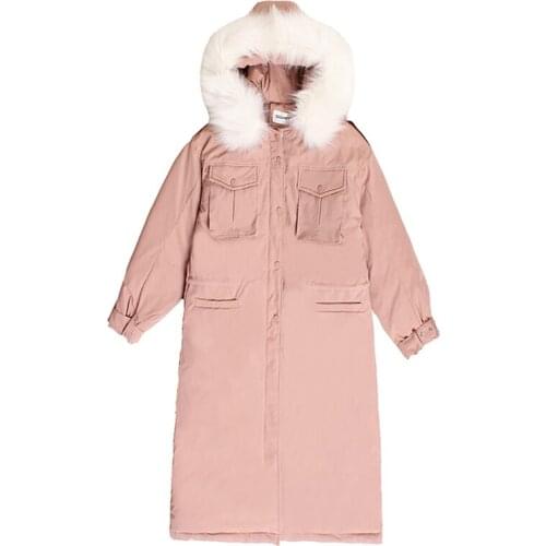 Hooded Fur Collar Loose Overcoat Female Coat X-Long Thick Solid Parka New Korean Style Women Winter Jacket Oversize