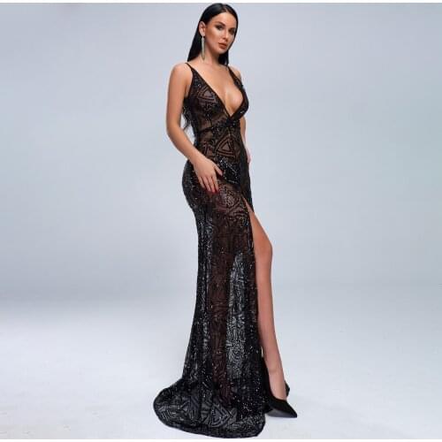 Robe De Soiree Black and Gold Sequined Beads Long Sexy Evening Dresses for Prom Evening Dress 2019 New Arrival