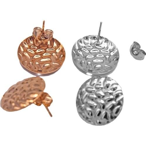 10pcs Stainless Steel Top Gold Round Embossing Ear Stud Earrings 16mm Posts Loop Jewelry Making Supplies Findings Diy Women Gift