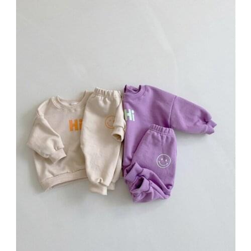 Spring Cute Toddler Kids Loose Casual Outfits Baby Boys Girls Smile Long Sleeve Cotton Hoodies And Loose Pants 2PCS Clothes Set