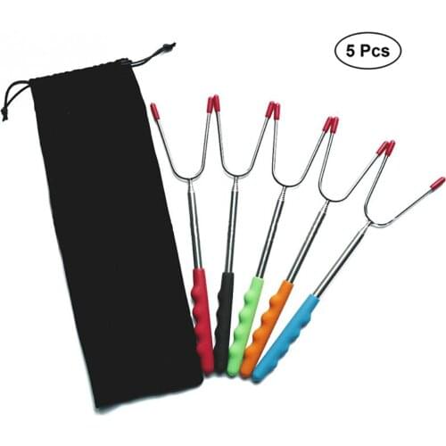 5 PCS Hot Dog Telescoping Roasting Fork Sticks Skewers Camping Barbecue Grilling Roaster Fork Marshmallow stick BBQ Tool