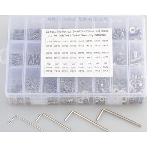 880pcs M2/3/4/5 flat head countersunk head grade 10.9 304 stainless steel Hex Socket Head Cap Screw Nut Washer Suit DIN7991