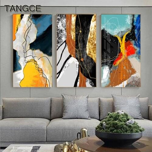 Abstract Black Line Canvas Golden Blue Color Block Wall Art Luxury Print Painting Nordic Poster Picture Modern Living Room Decor