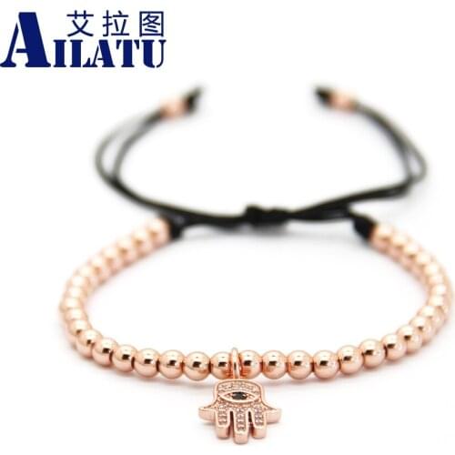Ailatu Classic Turkish Lucky Cz Eye Hamsa Bracelets with 4mm Stainless Steel Beads Top Quality