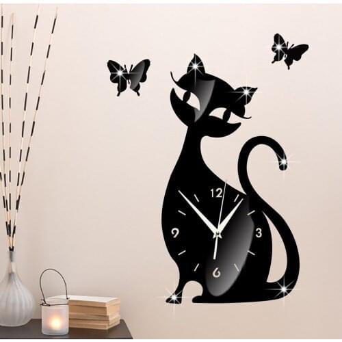 GZ003 Cat Creative Acrylic Mirror Wall Clock Bedroom Background Wall Mirror Quartz Clock Diy Decorative Wall Clock
