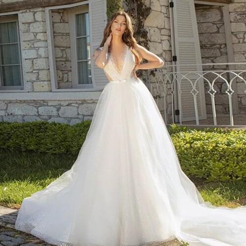 Sparking V Neck Wedding Dress Beaded Beading A Line Tulle Glitter Summer Beach Bridal Gowns Vestido De Noiva