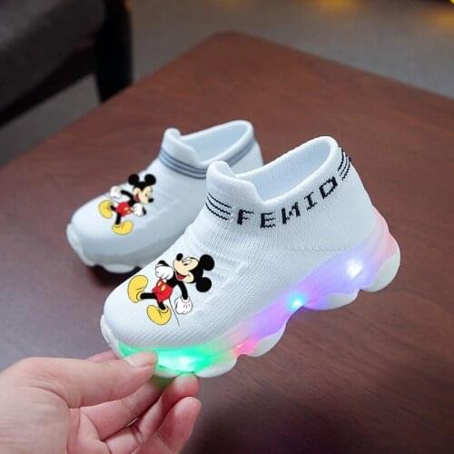 Disney childrens cartoon Minnie Mickey boys and girls non-slip waterproof soft sole casual shoes student sports shoes LED shoes