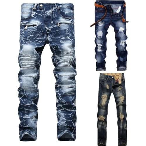 QNPQYX New Men Casual Ripped Jeans Washed Straight Slim Pleated Motorcycle Biker Jeans Pants Male Denim Trousers Plus Size 28-42