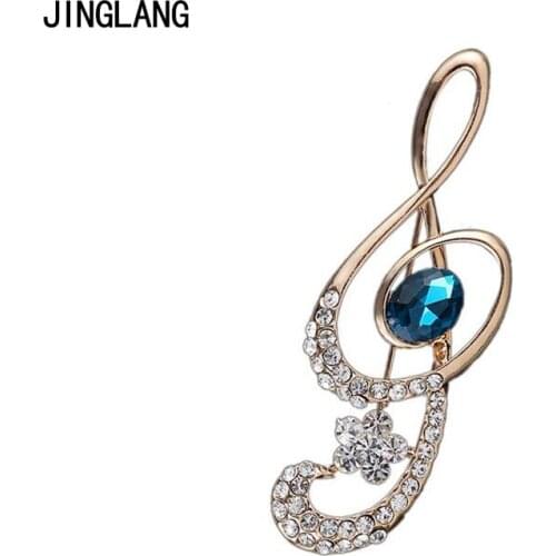 JINGLANG Classic Gold Color Crystal Brooches Pins White Rhinestone Music Note Brooches For Women Dress Decoration Jewelry