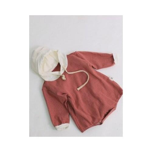 Korean Style 2021 Spring Baby Clothing Striped Hooded Sweatshirt Romper Toddler Long-sleeved Newborn Infant Baby Romper Jumpsuit