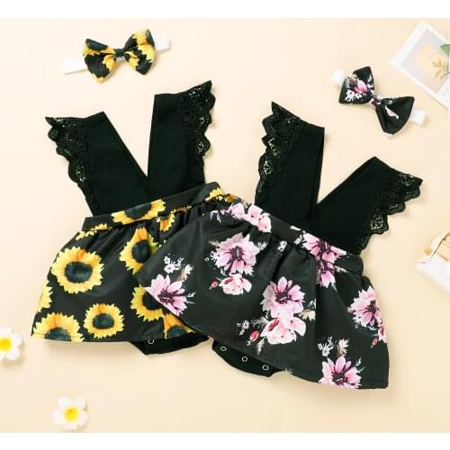 Lioraitiin 0-24M Newborn Infant Baby Girl’s Flower Printed 2Pcs Romper Skirt Set Ruffled Lace Skirt Hem Triangle Headband