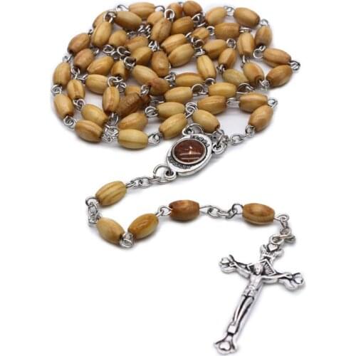 Fashion Handmade Round Bead Catholic Rosary Cross Religious Wood Beads Men Necklace Charm Gift P15D