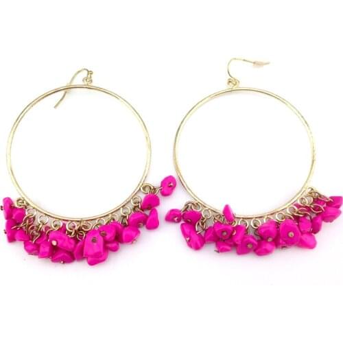 Star Style Fashion Jewelry Euro Bohemia Round Gold Loop Pink Stone Pendant Hanging Natural Shell Drop Earrings for Women