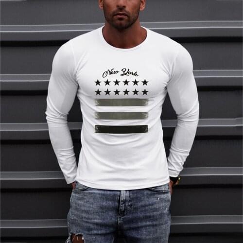 2021 Mens T-shirt Autumn New Letter And Star Print T-shirt Mens Top Long Sleeve O-neck Slim Shirt Trendy Plus Size Clothes 3xl