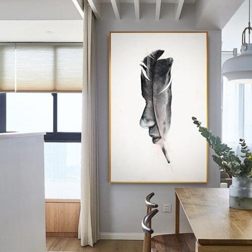 Nordic Creative Black White Feather Man Face Canvas Art Fashion Wall Picture for Living Room Entrance Abstract Big Poster Print
