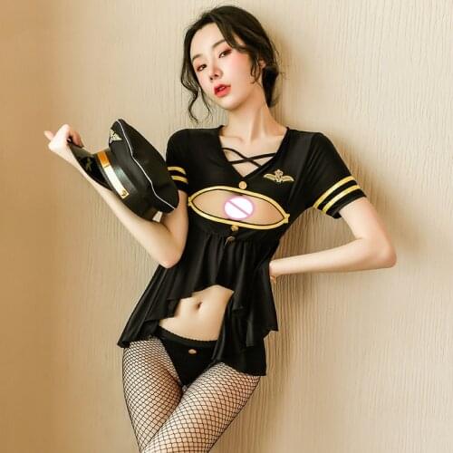 New Japanese Sexy Police Cosplay Costume Black Hollow Nightdress Kawaii Underwear Uniform Temptation Womens Erotic Lingerie