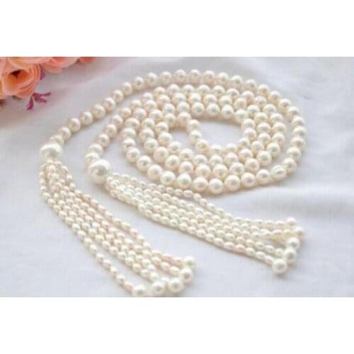 Charming 7-8 mm + 11mm white south pearl necklace 59inch Long