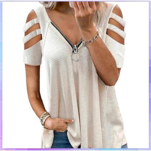 Solid Womens Casual T Shirt V Neck Zipper Loose Woman T-shirts Short Sleeve Top Summer Sexy Plus Size Female Clothing Tops
