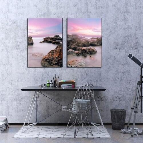 Nordic Minimalist Dusk Stone Seaside Sea Surface Posters and Prints Landscape Wall Pictures for Living Room Home Decoration