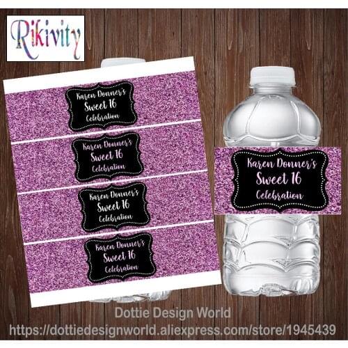 Custom Purple Sparkle Sweet 16 Water Bottle Wine Labels Self Adhesive Candy Bar Wrapper Sticker Anniversary Birthday Decoration