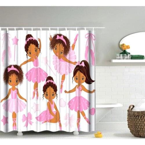 Dafield African Design Shower Curtain Pink Princess Cute Girl with Ballerina Dancer Skirt Kids Bath With Hooks
