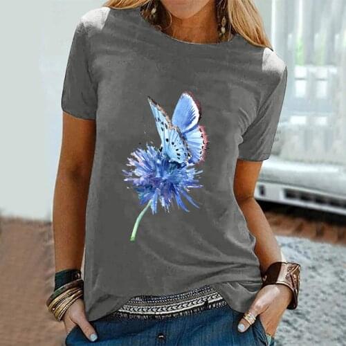 Tees Grey Wine Red Womens Tops Short Sleeve Summer Clothes 2021 New Style Butterfly Floral T-Shirt Harajuku O-Neck Tshirt Femme