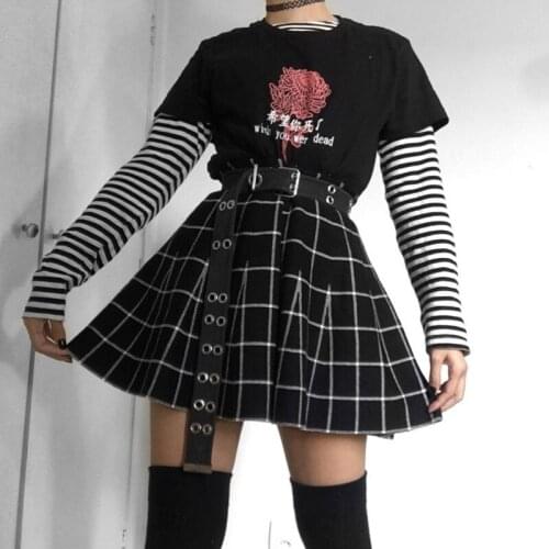 Dark Black High Waist Splicing Plaid Summer Cross Short Skirt Women Korean Skirt Gothic Skirt Sexy Skirt