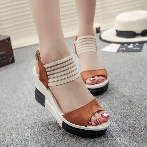 Women sandals Flock Buckle Strap 8.5CM Wedges Round Toe waterproof Shallow women shoes sandalias mujer 2020 size 35-42 black
