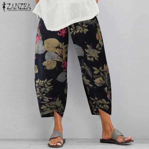 Womens Print Trousers 2021 ZANZEA Vintage Harem Pants Casual Floral Long Pantalon Palazzo Female Elastic Waist Turnip Oversized