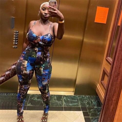 2021 High Quality New Design Jumpsuits Print Spaghetti Strap Summer Sexy Club Bodycon Rompers