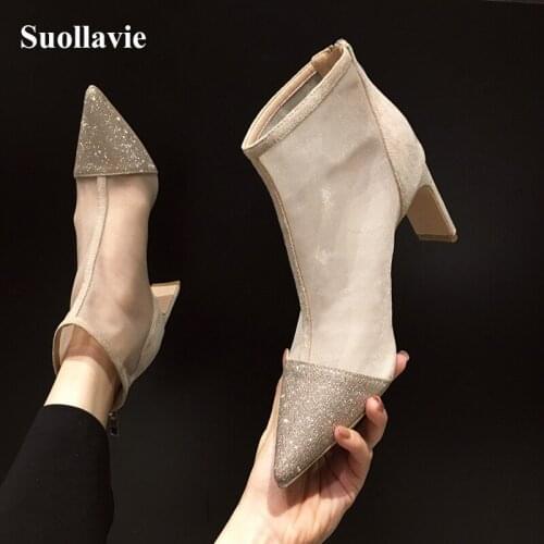 Suollavie 2020 sexy fashion Breathable mesh women shoes glitter boots women square heel shoes for women hot zipper botas mujer