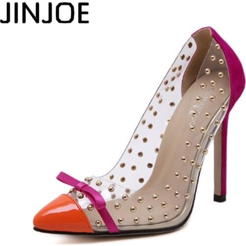 Rivets High Heels 2017 Summer New Transparencies Brand Shoes Pointed Toe Women Pumps Sapato Feminino Shoes 35-41 code