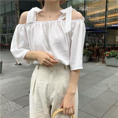 Womens Spring Summer Style Blouses Shirt Womens Solid Color Half Sleeve Bow Lace Up Off Shoulder Elegant Korean Tops DD8575