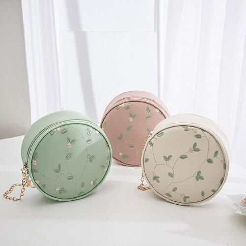 Women Embroidery Florets Wallet Fashion Shoulder Strap Ladies Round Bag Large Capacity Mobile Phone Clutch PU Girls Handbag