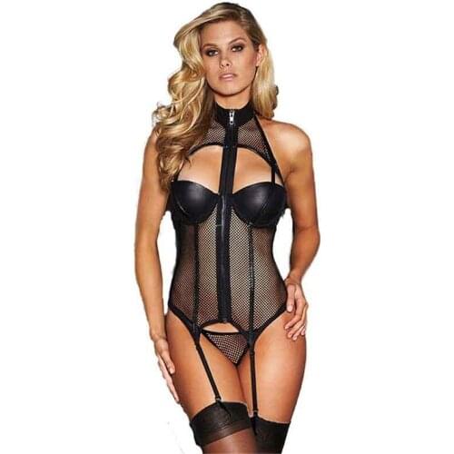 Women See Through Fishnet Body Sexy Hot Erotic Hollow Out Net Babydoll Zipper Front Leather Bra Underwear Bodysuit Lingerie