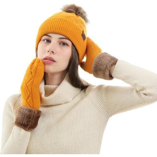 Autumn/winter new thick-knit hat and glove set for women fashion solid color warm wool hat accessories set
