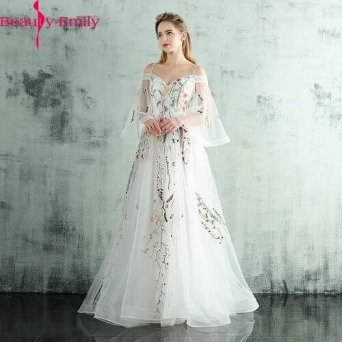 Beauty Emily New Arrival Elegant White Tulle Evening Dress 2020 Charming V Neck Spaghetti Lace Up Back Evening Gown Vestidos