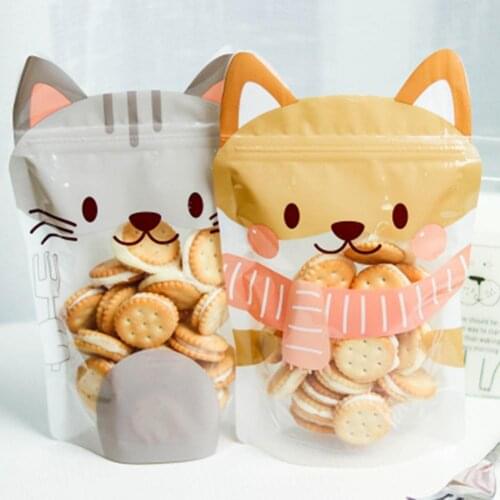 10Pcs Leakproof Cute Kitten Cookie Nougat Packaging Sealing Snack Candy Bags Reusable Biscuit Zipper Sealed Fresh Storage Bags