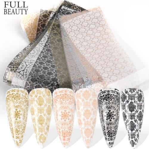 10pcs Gold Black Lace Flower Stickers for Nails Holographic Hollow Manicure Nail Foil Shimmer Art Adhesive Decor Wraps Set CH526