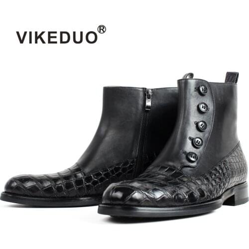 VIKEDUO 2020 Autumn New Ankle Calf Leather Boots Men Black Round Toe Black Shoes Handmade Office Motorcycle Boots Bespoke Botas